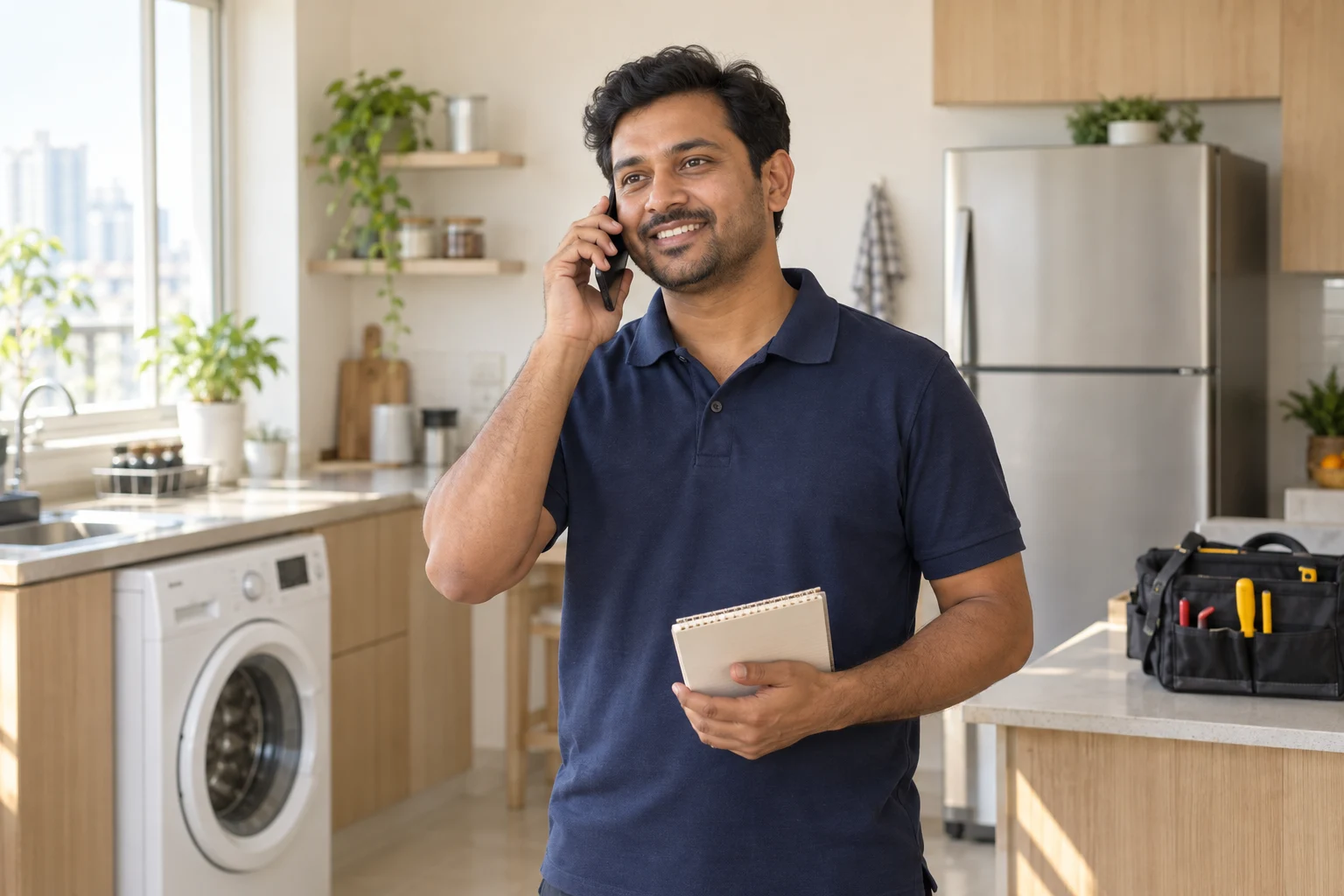 Technician arranging a visit by phone - illustrative image