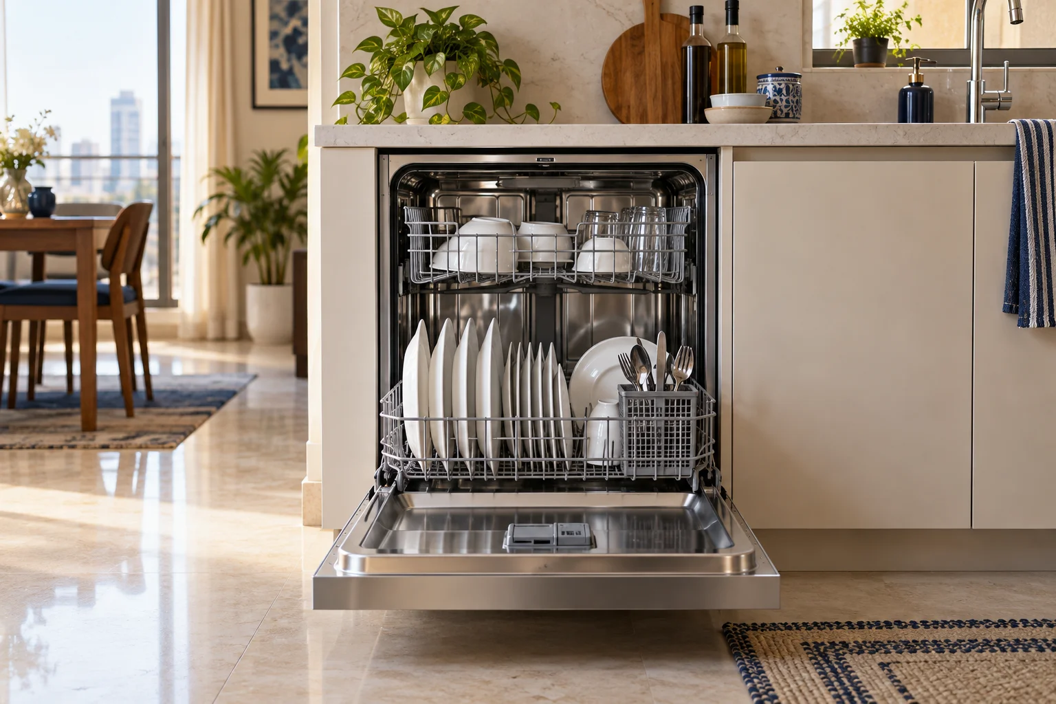 Open dishwasher with racks in a home kitchen