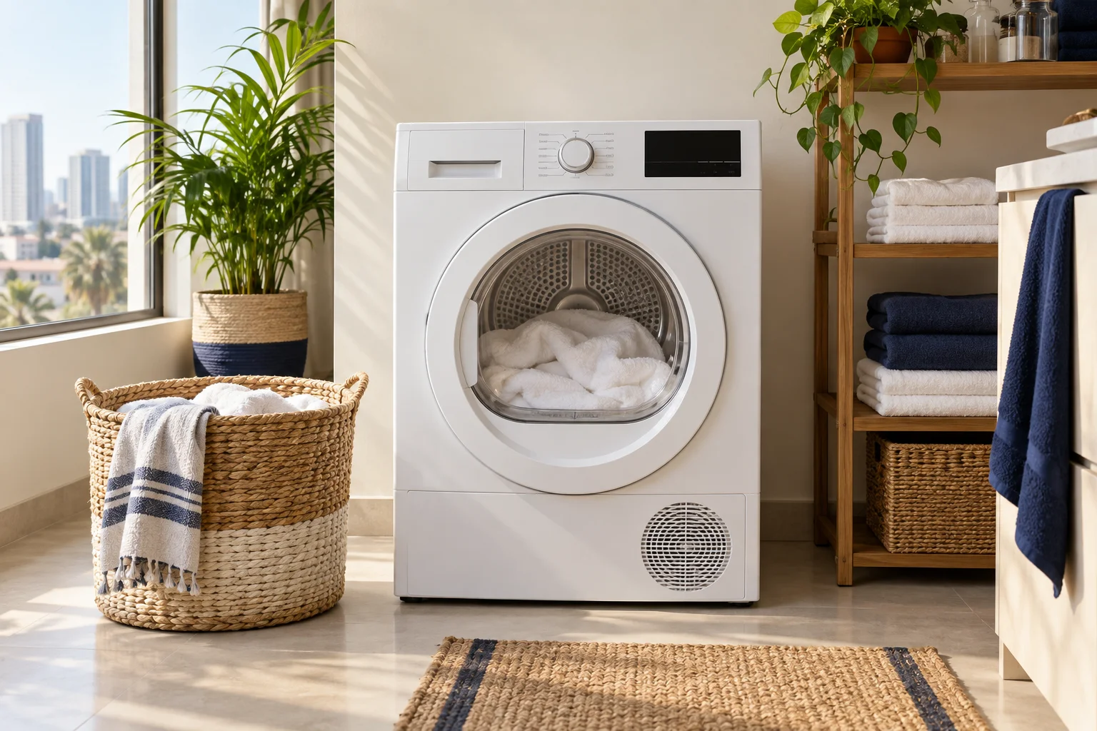 Clothes dryer in a bright laundry room