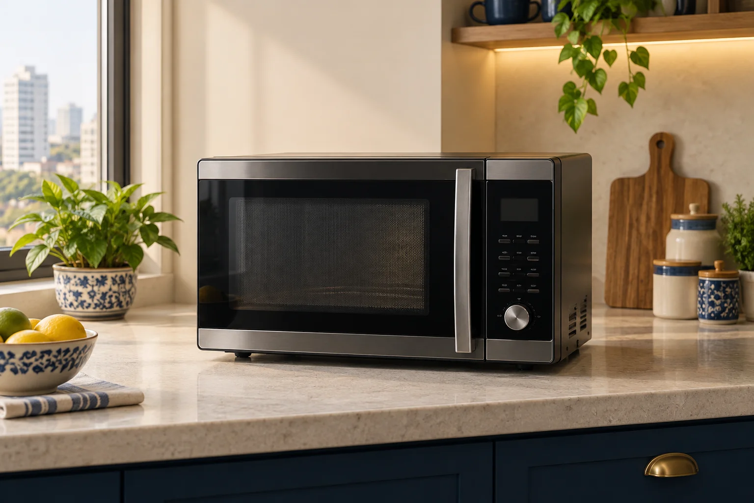 Countertop microwave oven in a home kitchen