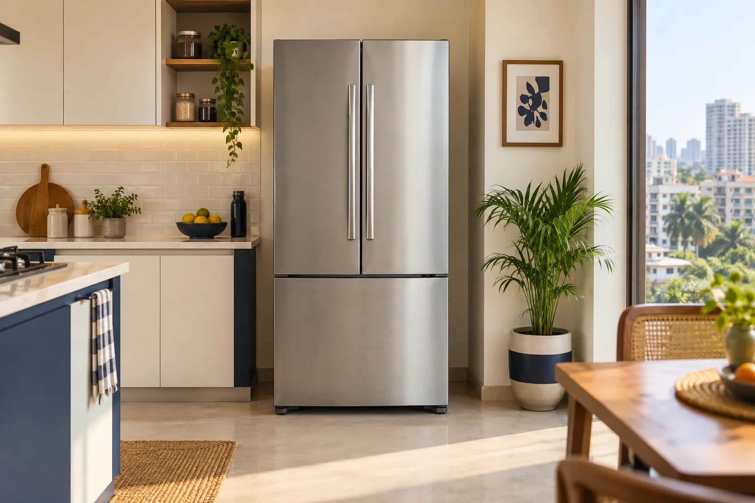 Stainless steel refrigerator in a modern kitchen
